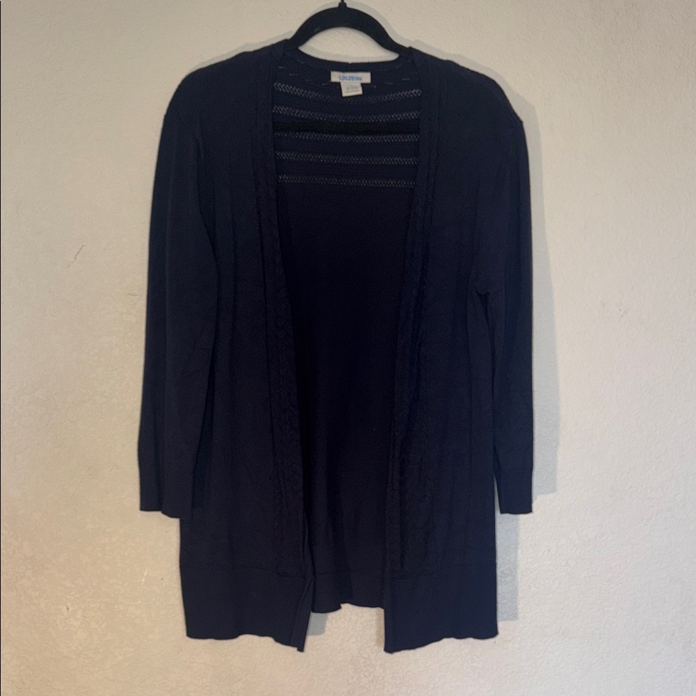 Navy Open Front Knit Cardigan with Cable Trim